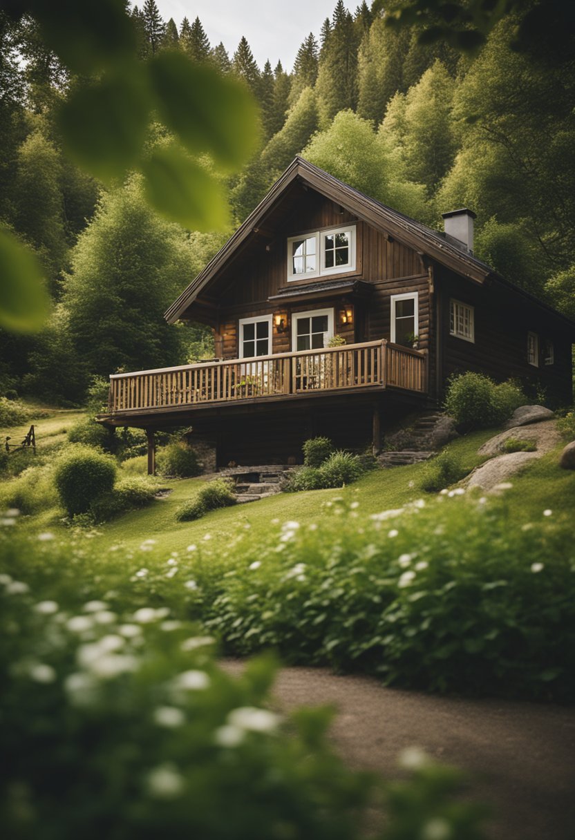 A cozy cabin nestled in a serene countryside setting, surrounded by lush greenery and a peaceful atmosphere