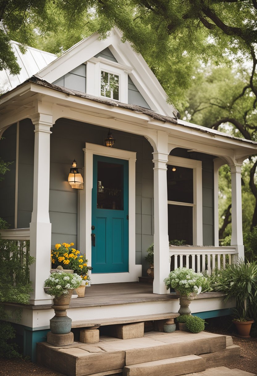 A charming fixer-upper Harp House in Waco, with a cozy porch, vibrant garden, and rustic exterior, perfect for short-term vacation rentals