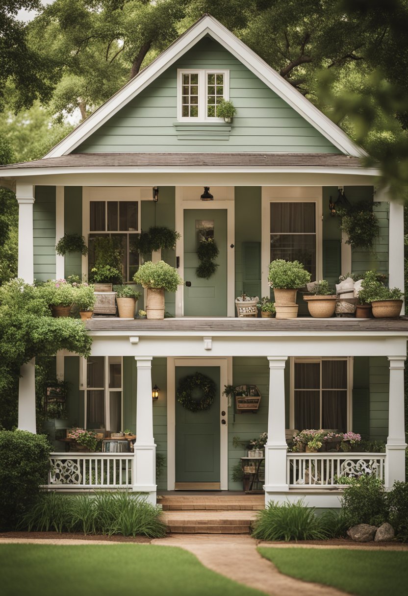 A cozy clay cottage nestled among lush greenery, with a charming front porch and a vintage sign that reads "Magnolia short term vacation rentals in Waco."