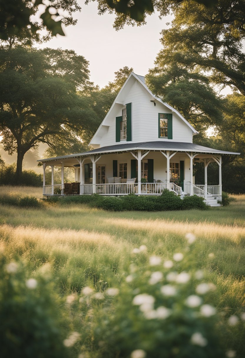 A charming farmhouse nestled in the countryside, surrounded by lush greenery and a serene atmosphere, offering short-term vacation rentals in the heart of Waco