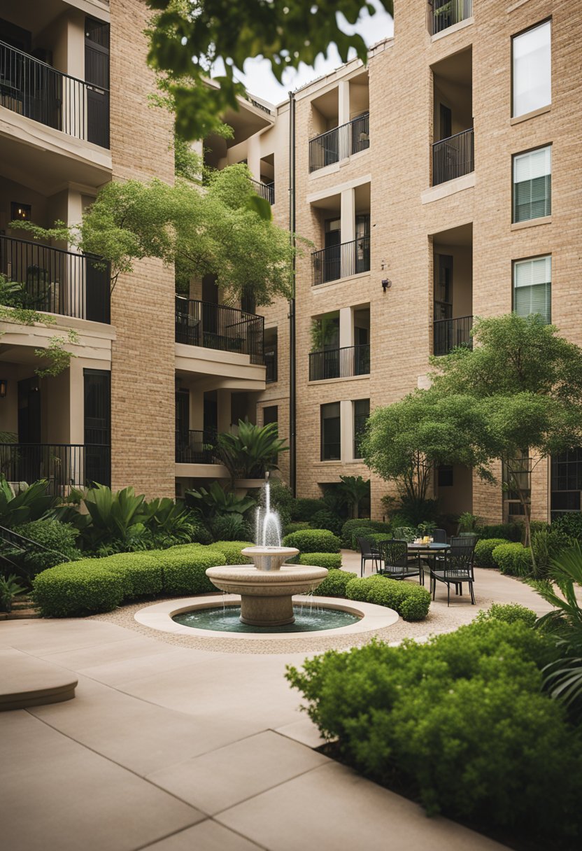 The Sandstone Apartments in Waco feature a charming courtyard with a bubbling fountain, surrounded by lush greenery and cozy seating areas
