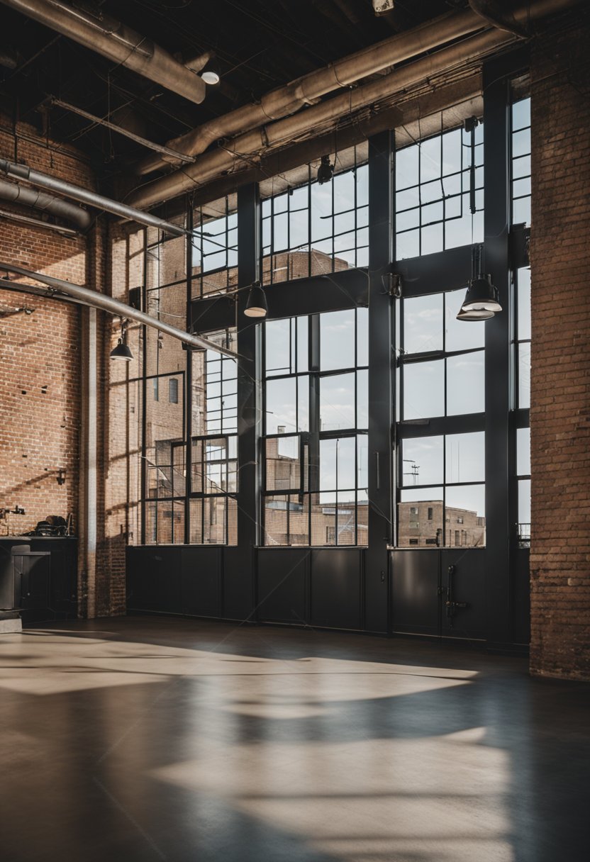 A spacious vintage loft in Silo District with exposed brick walls, high ceilings, and industrial-style decor. Windows overlook the bustling streets of Waco, offering a mix of city and vintage charm
