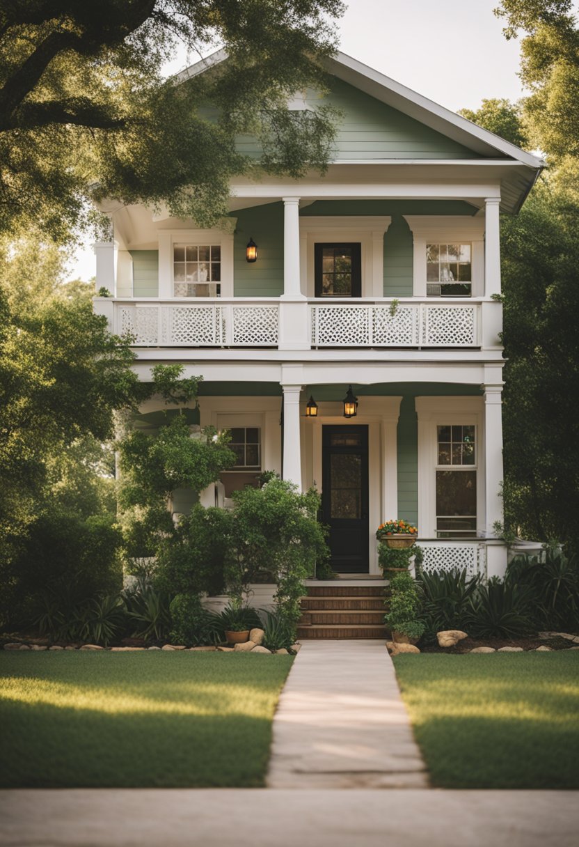 A cozy vacation rental in Waco, with a welcoming front porch, surrounded by lush greenery and a quaint street