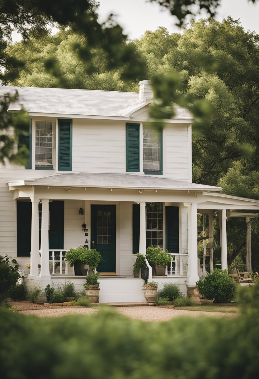 A cozy vacation rental in Waco, Texas, featuring a charming front porch with rocking chairs, surrounded by lush greenery and a picturesque view of the countryside