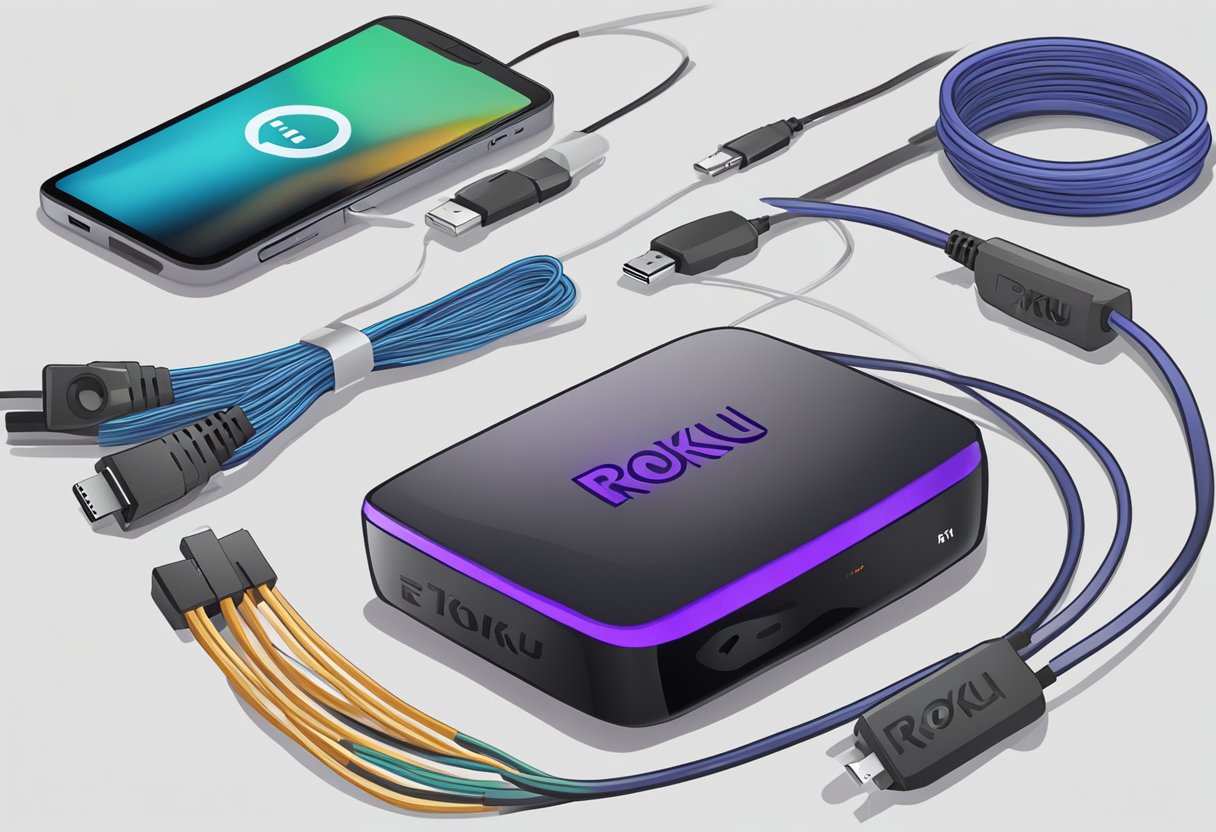A Roku device with error message on screen, surrounded by various cables and a troubleshooting guide