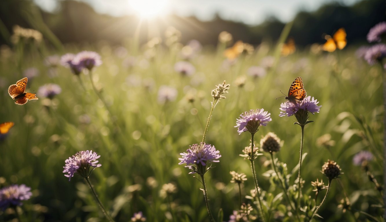 A serene meadow with vibrant skullcap flowers blooming under the warm sun, surrounded by fluttering butterflies and buzzing bees