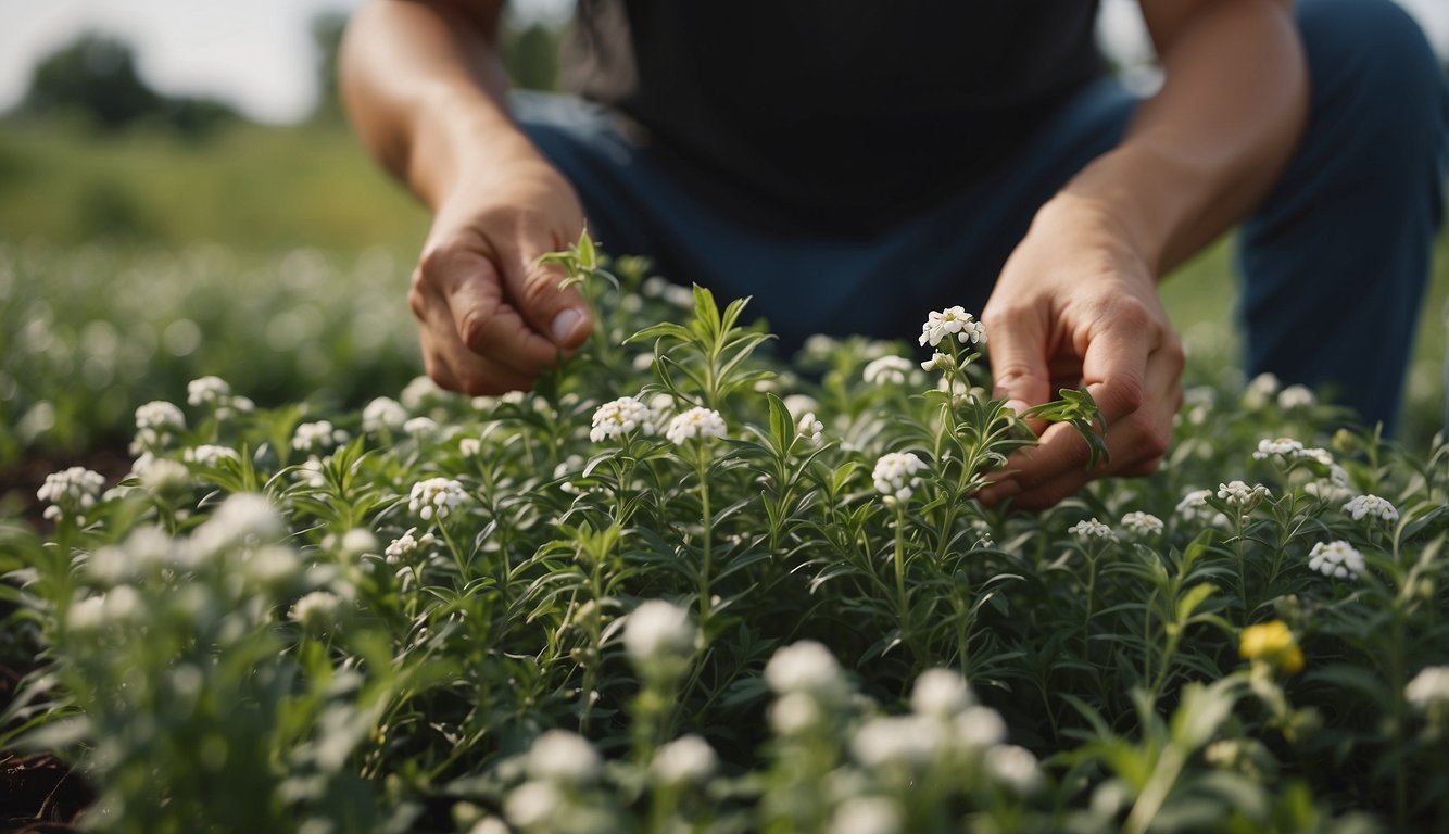 Skullcap leaves and flowers being harvested and prepared for medicinal use
