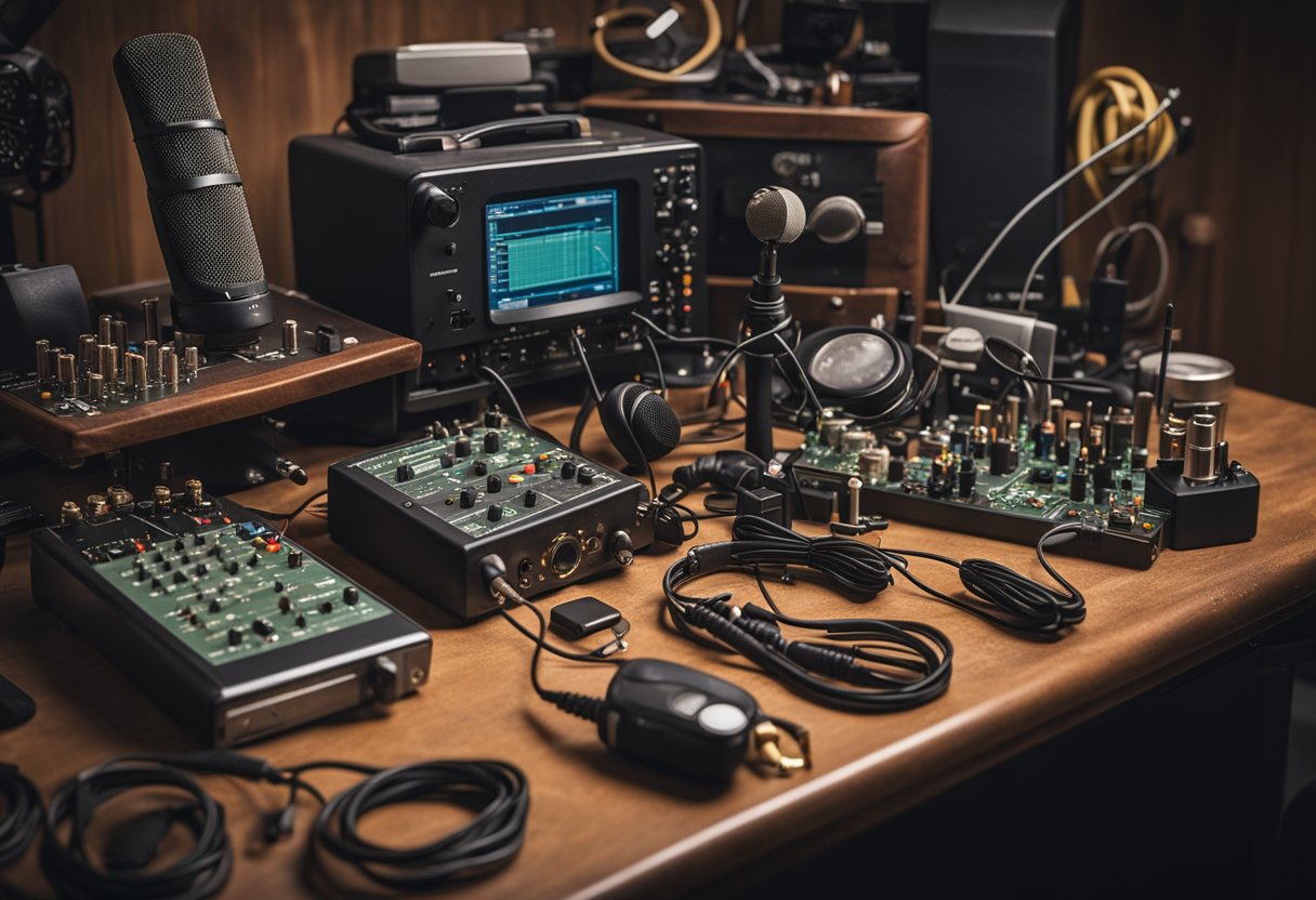 A cluttered workbench displays a variety of ham radio accessories: antennas, microphones, tuners, and headphones. A radio transmitter and receiver sit at the center of the scene