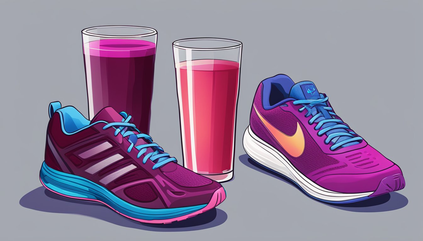 A glass of beet juice sits next to a pair of running shoes, ready for a pre-workout drink