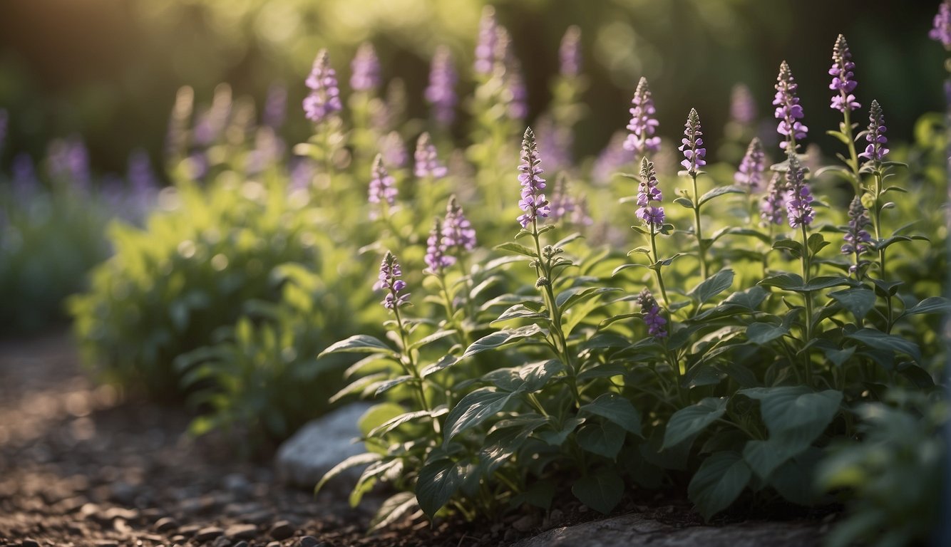 A serene garden with skullcap plants in full bloom, surrounded by a peaceful and calming atmosphere. The sun gently shines down, highlighting the vibrant green leaves and delicate purple flowers