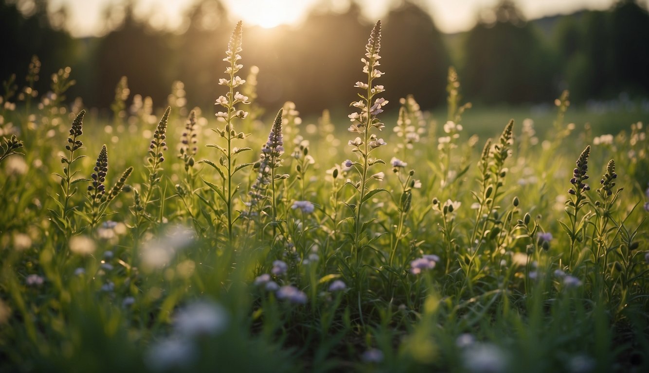 A serene meadow with skullcap plants in bloom, surrounded by diverse flora. The sun shines down, casting a warm, healing glow over the scene