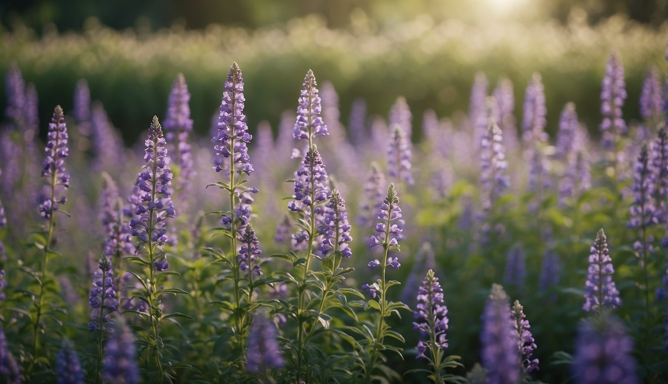 A field of skullcap plants in full bloom, with vibrant purple flowers and lush green leaves, surrounded by a serene and tranquil atmosphere