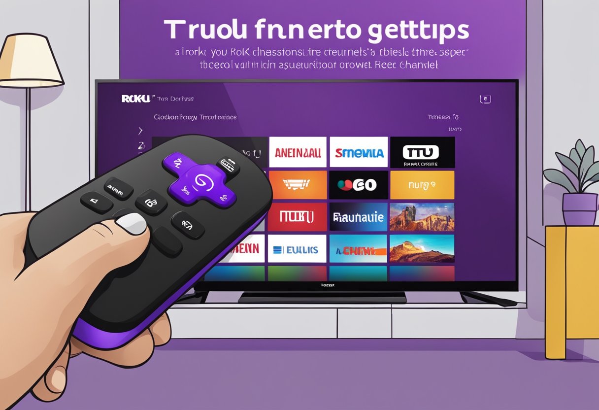 A hand reaches for the Roku remote, pressing the power button. The TV screen displays the Roku home screen with a message stating "Troubleshooting Steps to add channels."
