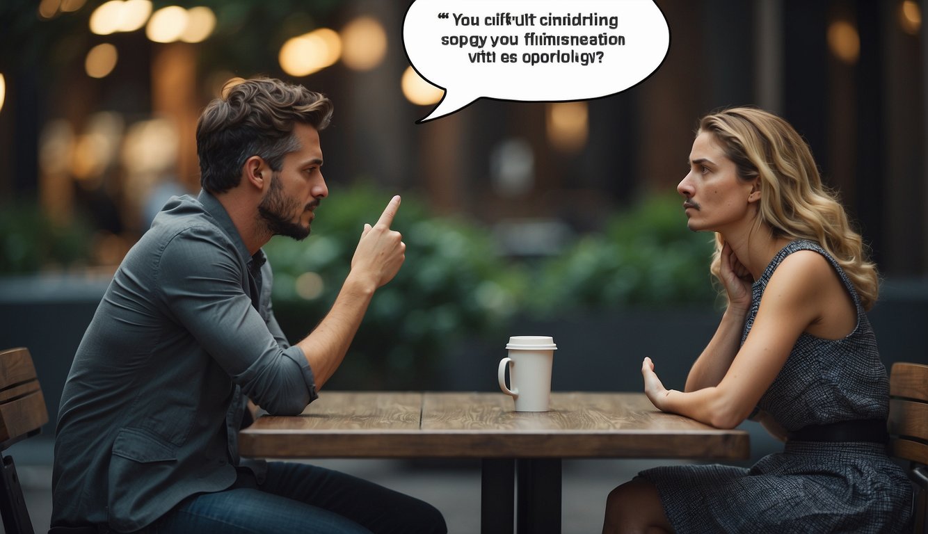 Two individuals sit facing each other, one with a pained expression, the other with a look of realization and empathy. A speech bubble hangs in the air, filled with words of apology and understanding