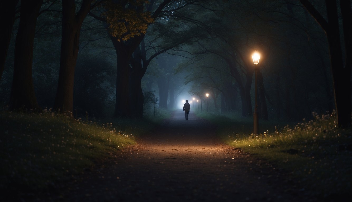 A lone figure walks through a dark, winding path, illuminated by a faint glimmer of light ahead, symbolizing resilience and determination after experiencing pain
