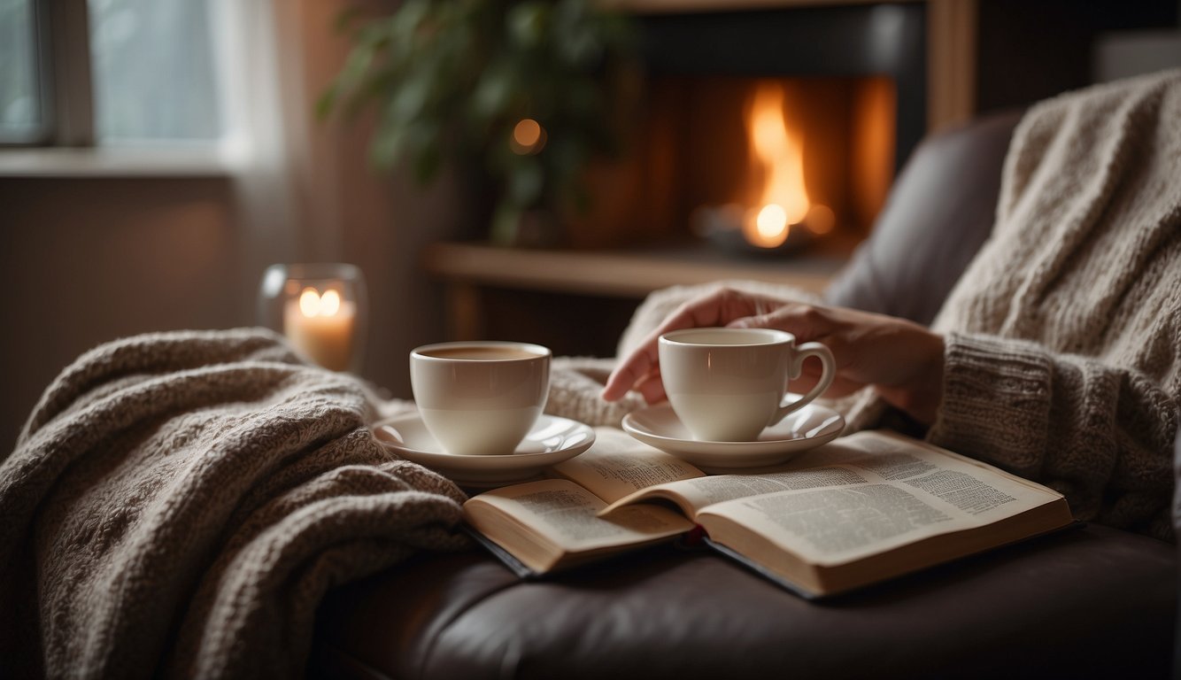 A person sitting in a cozy chair, surrounded by comforting objects like a warm blanket, a cup of tea, and a journal. The atmosphere is peaceful and serene, with soft lighting and calming colors