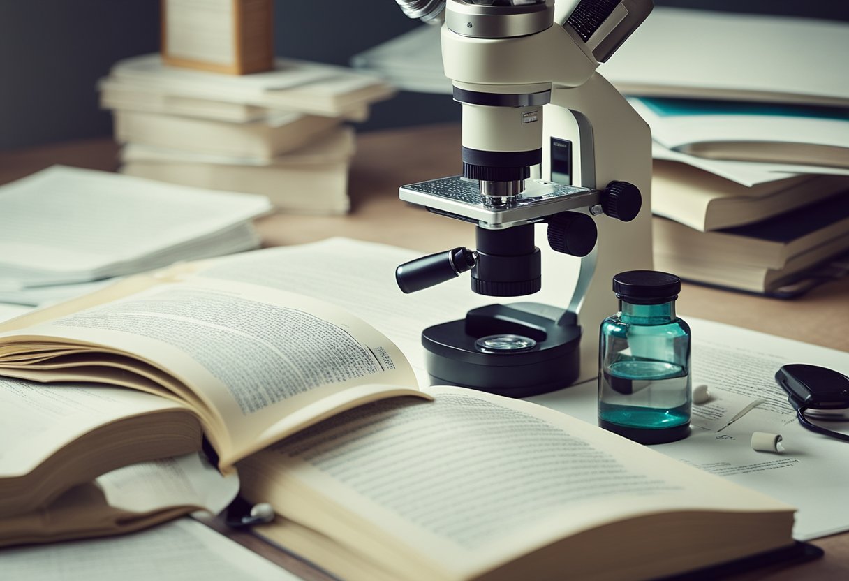 A microscope revealing cancerous cells in the mesothelium, surrounded by medical textbooks and research papers on mesothelioma