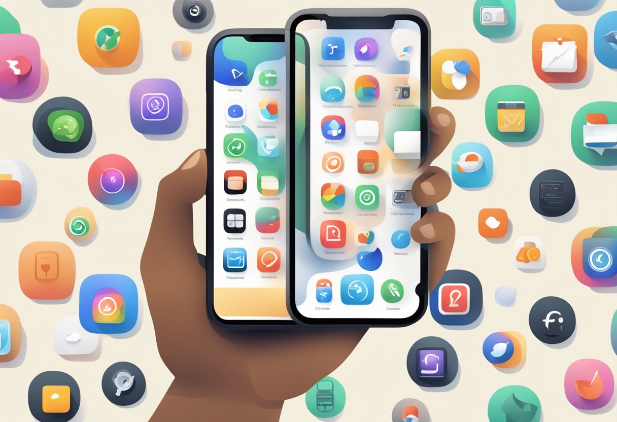 A hand holding an iPhone with a blank spot where the Safari icon should be, surrounded by other app icons