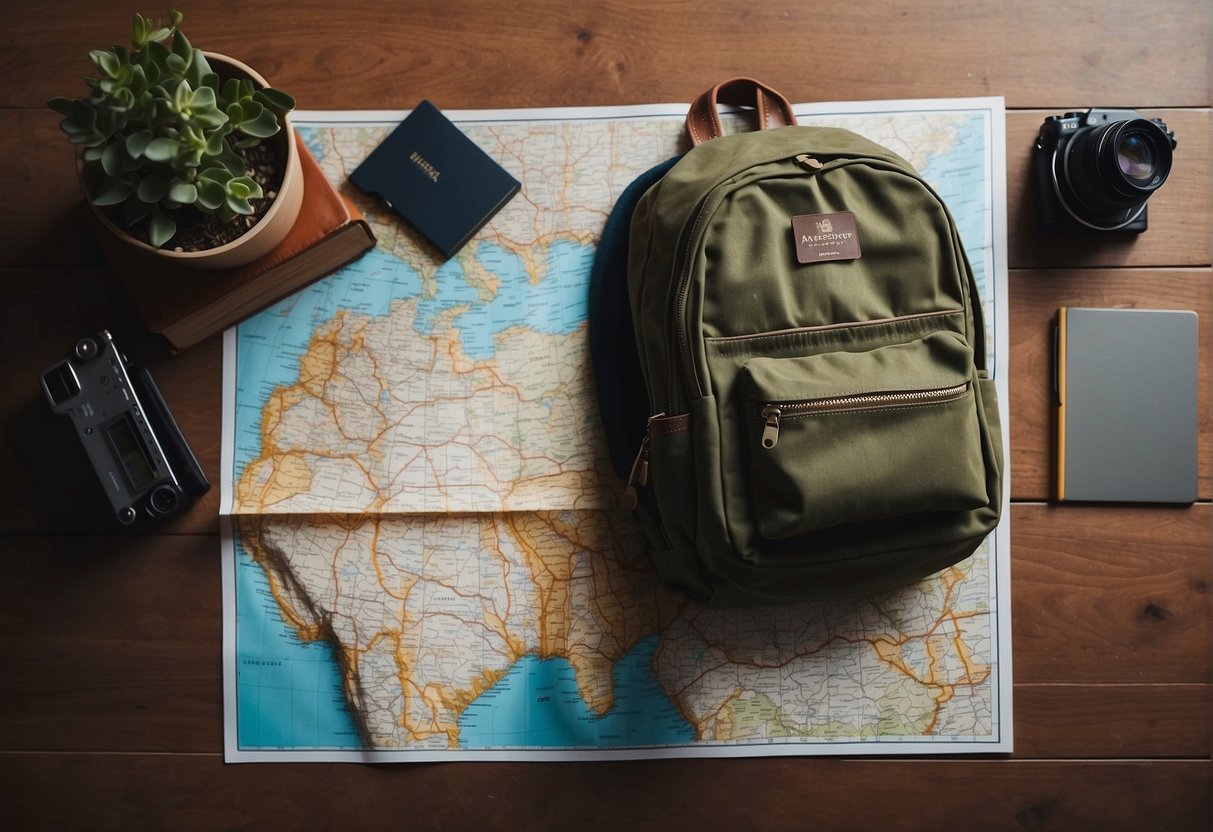 A backpack, map, and budget planner lay on a table. A passport and plane ticket peek out from a well-worn travel guide