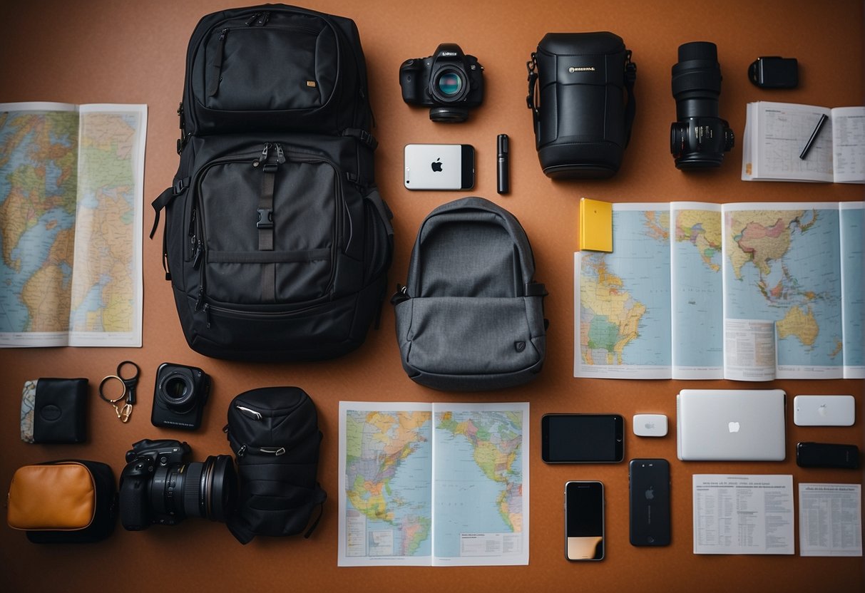 A traveler packs a minimalistic backpack with essentials, maps, and a budgeting app. They research budget-friendly accommodations and transportation options for their 2024 adventure