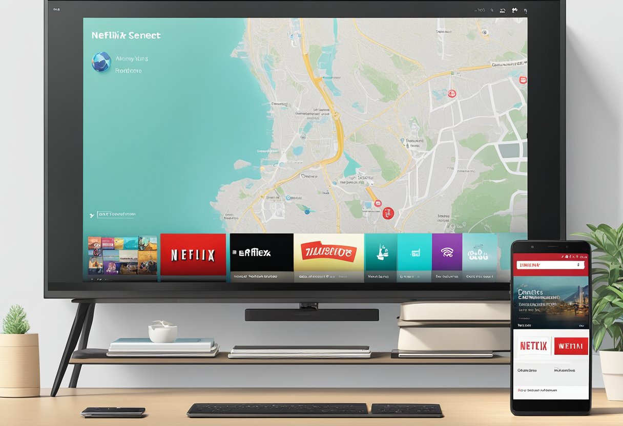 A TV screen displaying the Netflix homepage with a phone or tablet nearby, both connected to the same Wi-Fi network. The screen mirroring option is selected on the device, but the TV is only showing a black screen