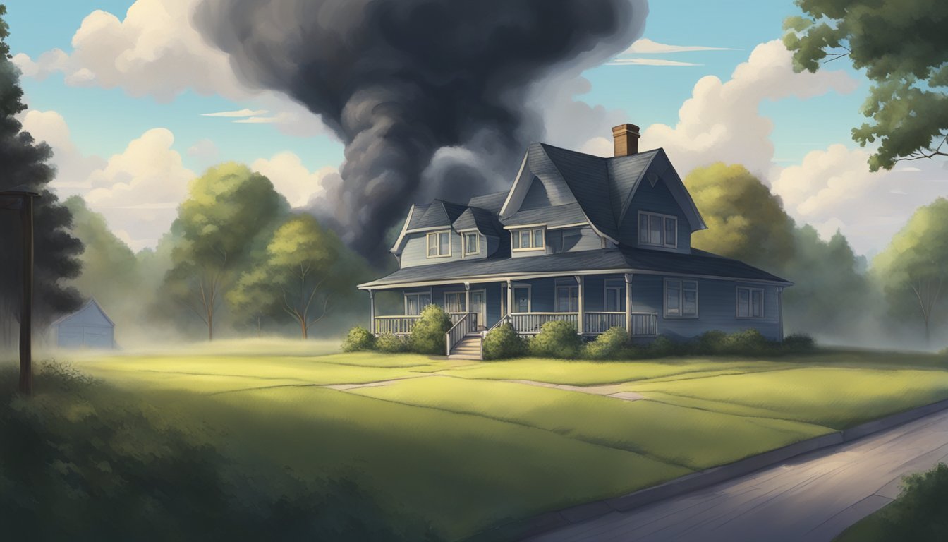 A dark, ominous cloud of invisible gas seeping up from the ground, infiltrating a peaceful home