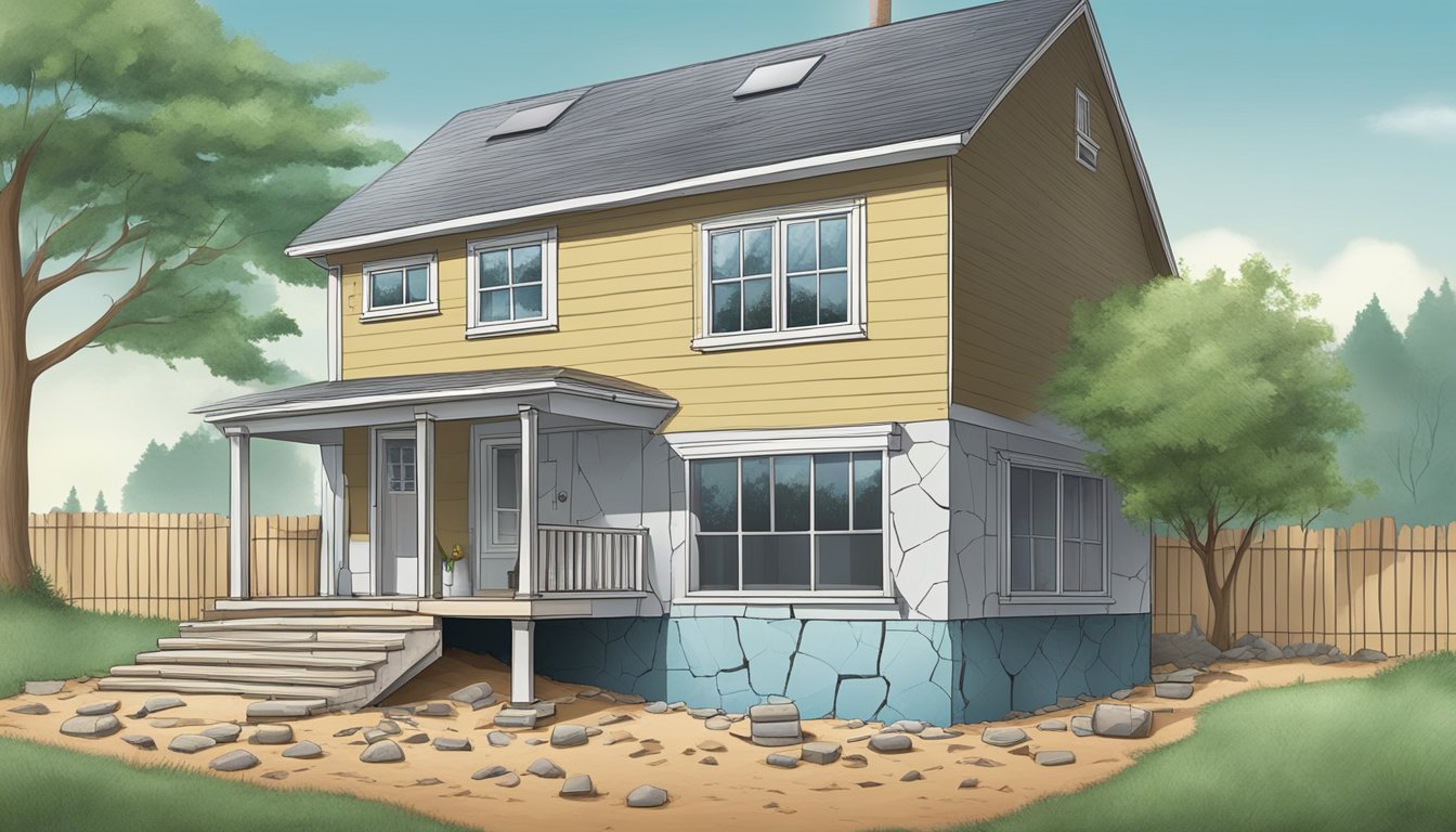 A home with high radon levels, shown through a cracked foundation and basement. Gas seeps in through the ground, posing a silent danger