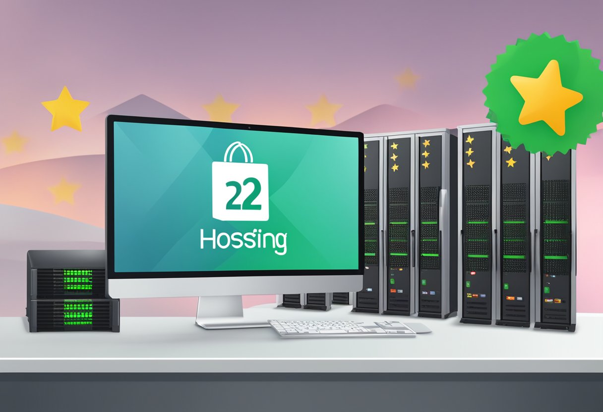 A2 Hosting logo on a computer screen with positive review text and 5-star rating. Server racks in the background