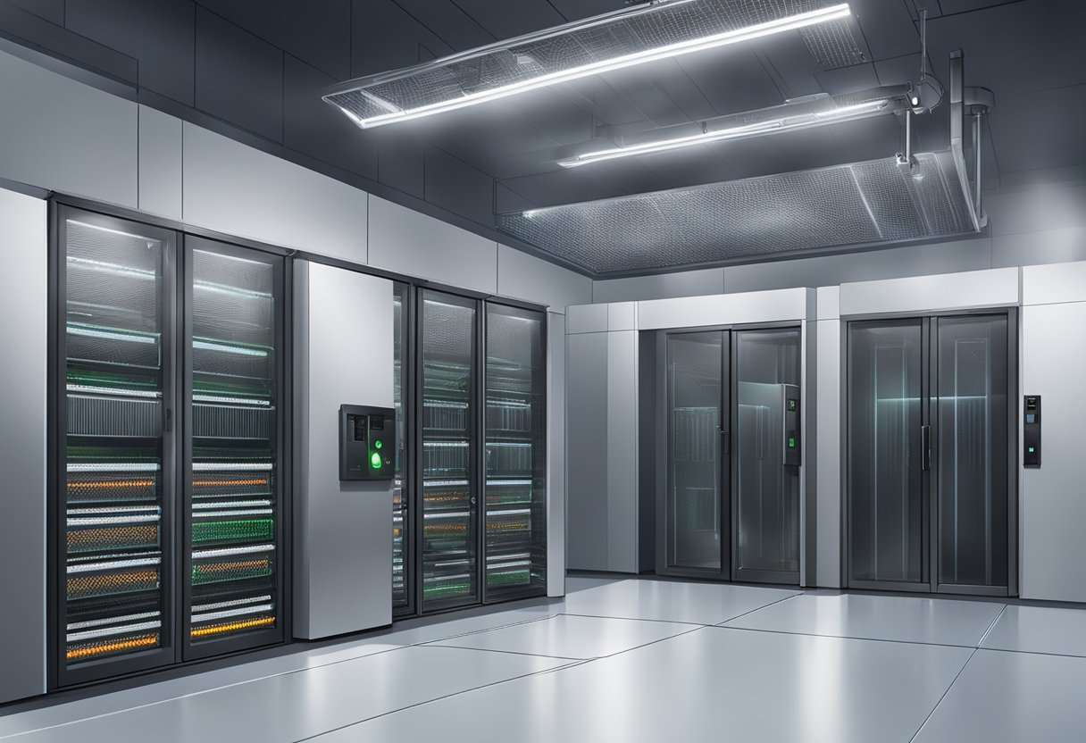A secure data center with biometric access, surveillance cameras, and fire suppression systems