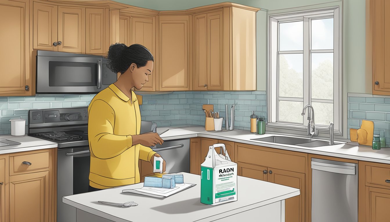 A radon testing kit sits on a kitchen counter. A person follows steps to mitigate radon, sealing cracks and installing a vent pipe