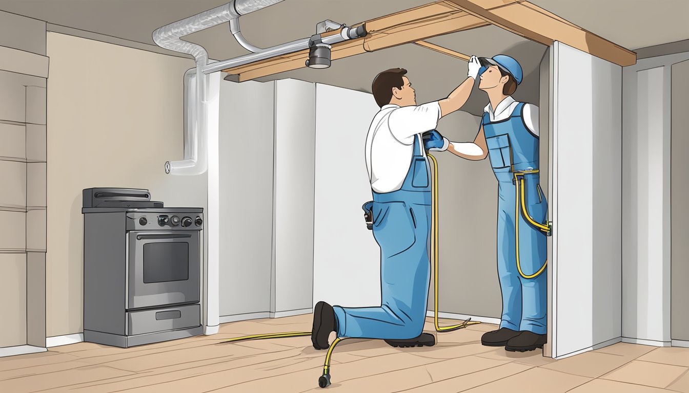 A technician installs a radon mitigation system in a basement, sealing cracks and installing a vent pipe to remove radon gas