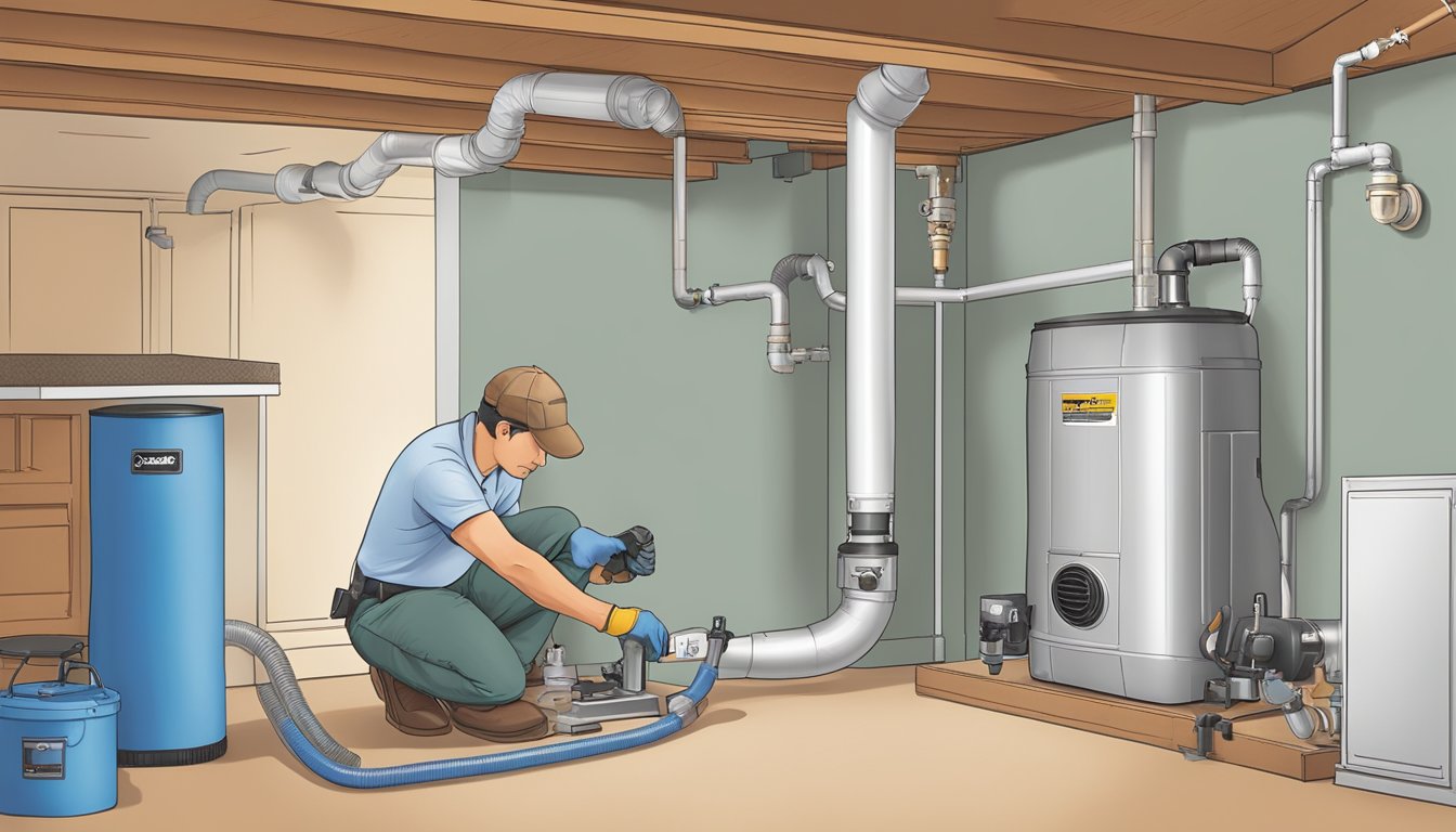 A technician installs a radon mitigation system in a basement, sealing cracks and pipes, and installing a vent pipe and fan to redirect radon gas outside