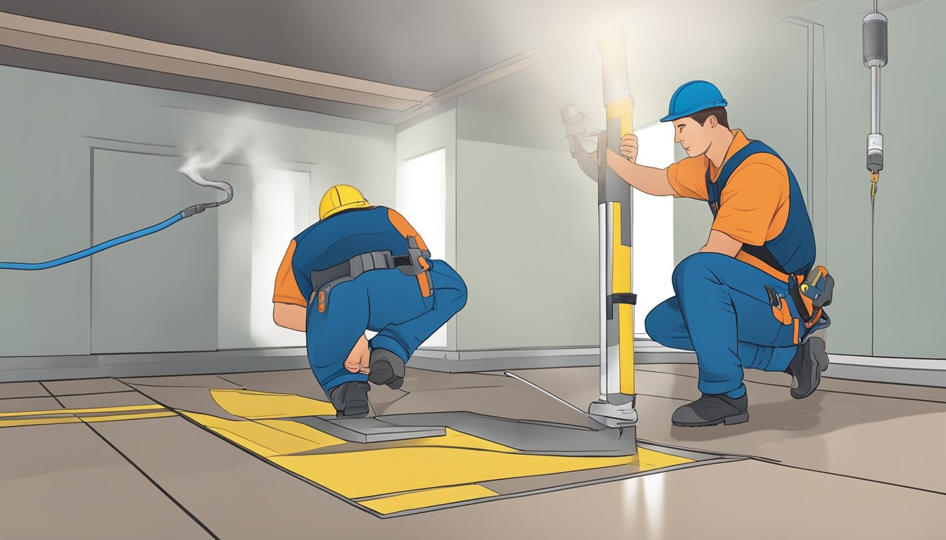 A technician sealing cracks in a basement floor, while another technician installs a vent pipe through the roof