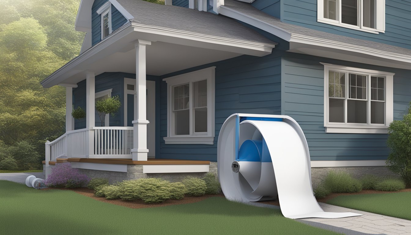 A home with a radon mitigation system installed, showing a PVC pipe extending from the ground and leading up the side of the house, with a fan attached to the pipe