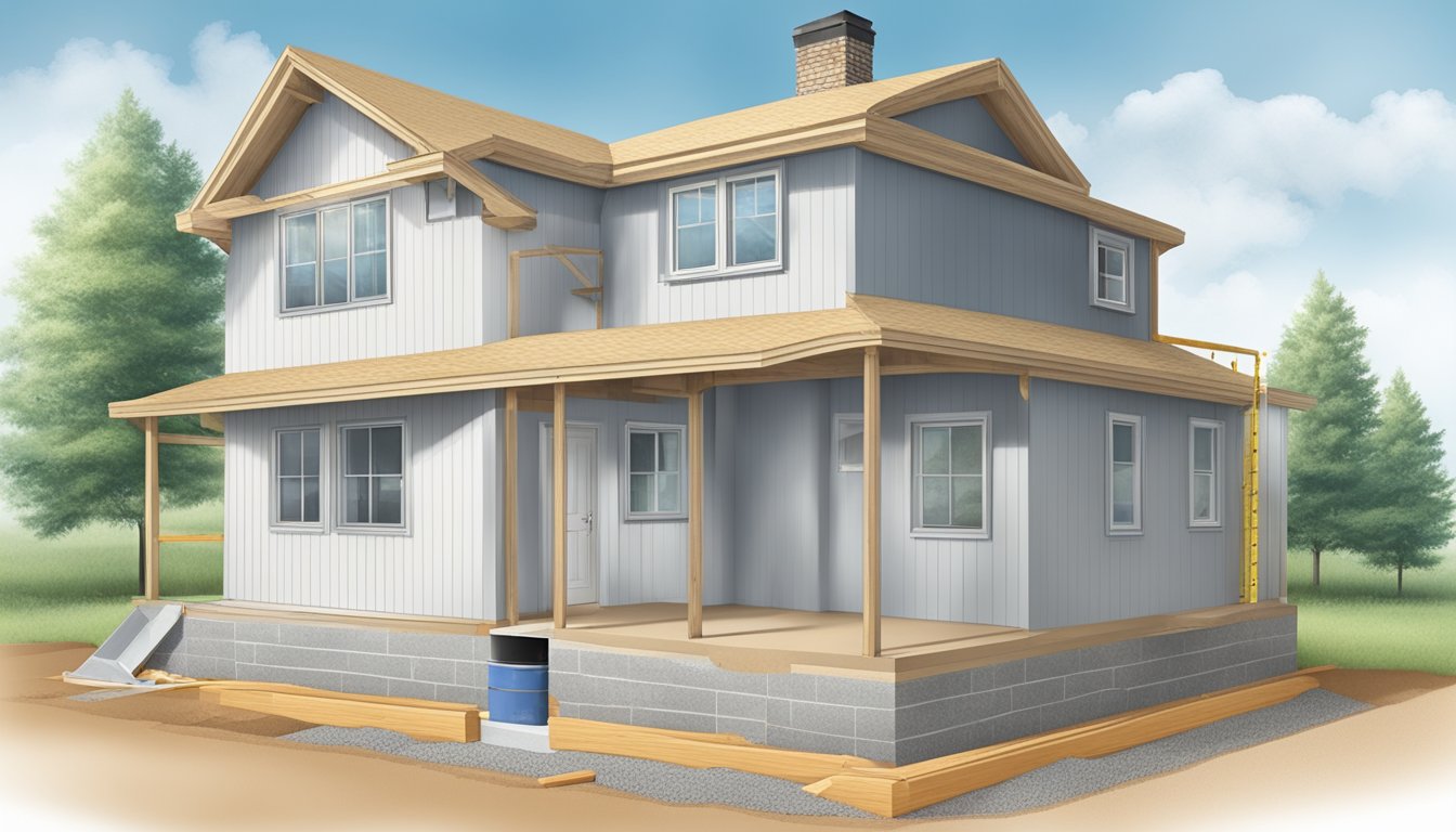 A house under construction with radon-resistant features: sealed foundation, vent pipe, and gas-permeable layer. Clear labeling and safety equipment present