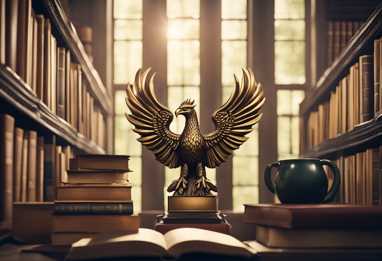The University of Chicago First Phoenix Scholarship is awarded to a student, symbolized by a rising phoenix surrounded by academic books and a laurel wreath