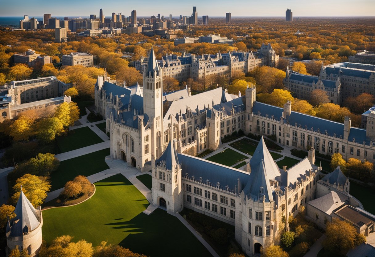 Aerial view of University of Chicago campus with prominent First Phoenix Scholarship signage