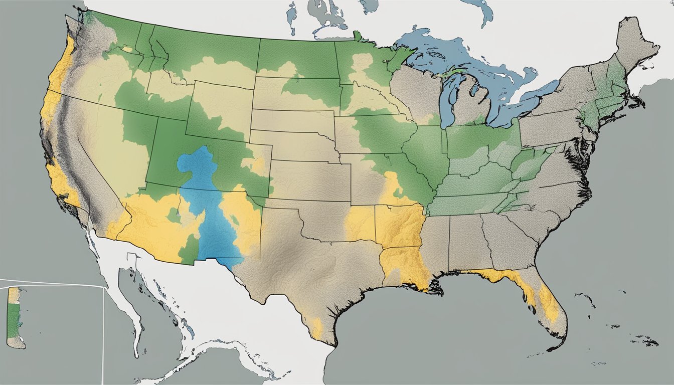 A map of the United States with color-coded regions indicating high-risk areas for radon gas. Mountainous and rocky terrains are highlighted as potential sources