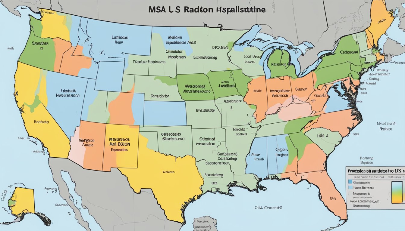 A map of the U.S. with highlighted high-risk areas for radon exposure