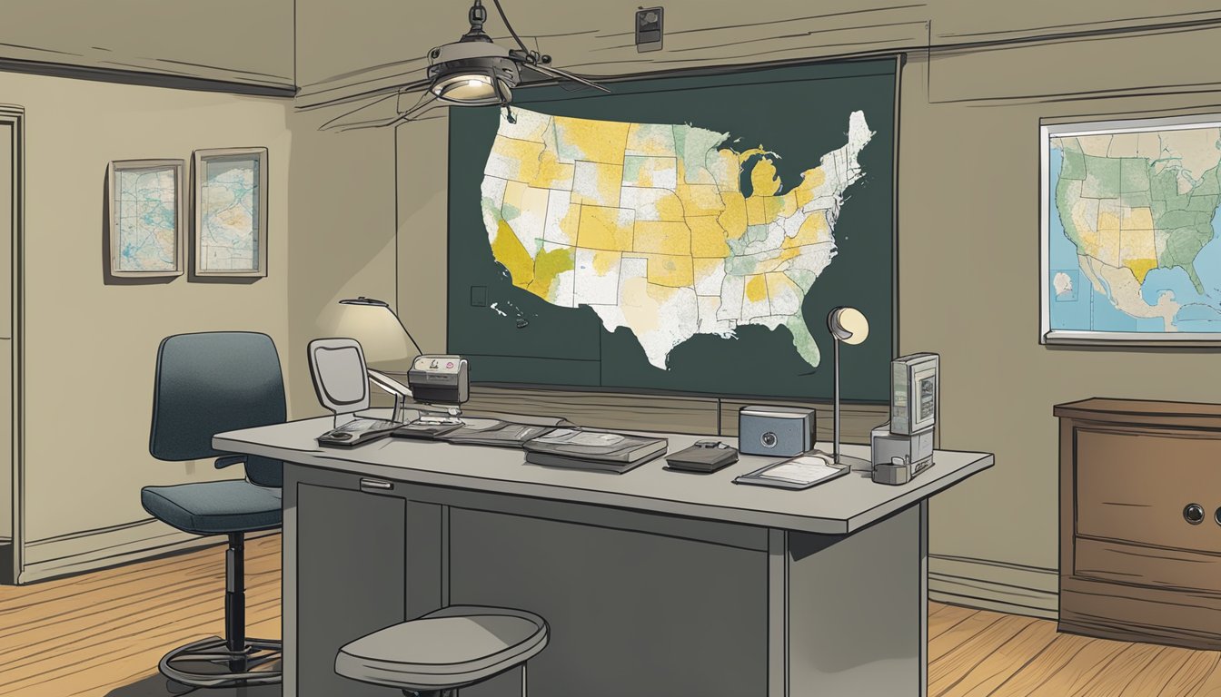 A radon testing device sits on a table in a dimly lit room, with a map of the U.S. showing high-risk radon areas hanging on the wall behind it