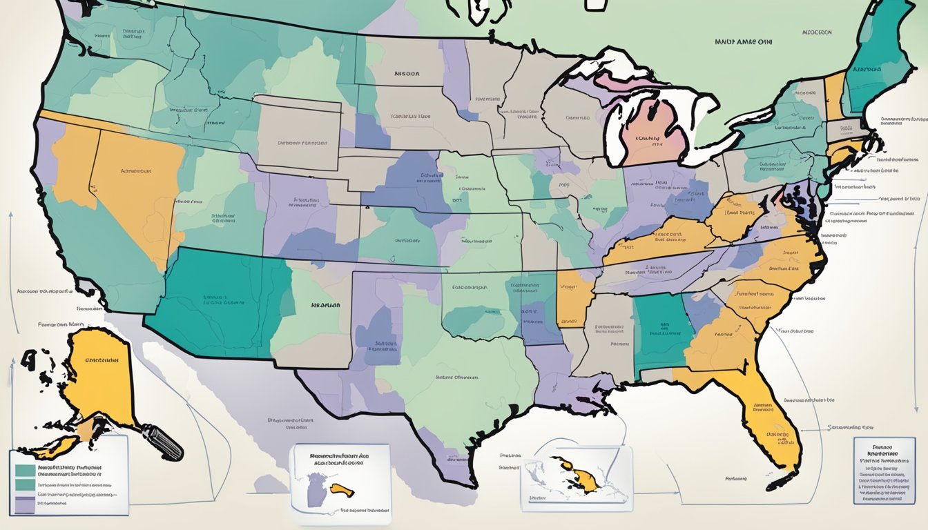 A map of the United States with highlighted high-risk areas for radon. Surrounding the map are regulations and guidelines for radon safety