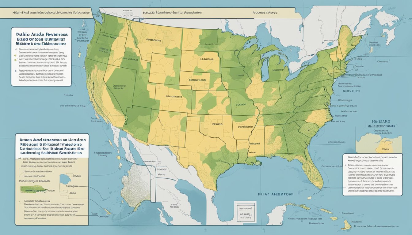 A map of the United States with highlighted high-risk radon areas. Bold text reading "Public Awareness and Education on Radon Risks" is displayed prominently