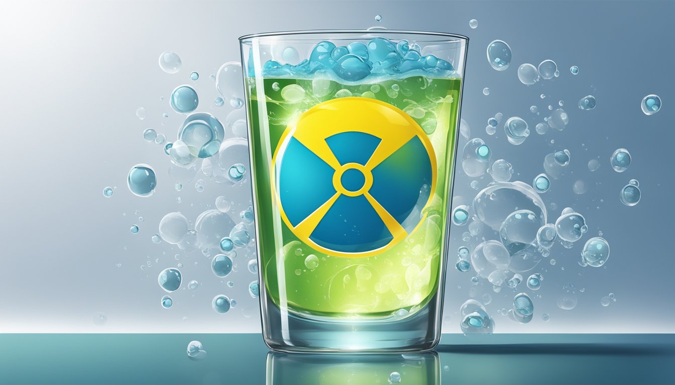 A clear glass of water with bubbles rising and a radioactive symbol in the background