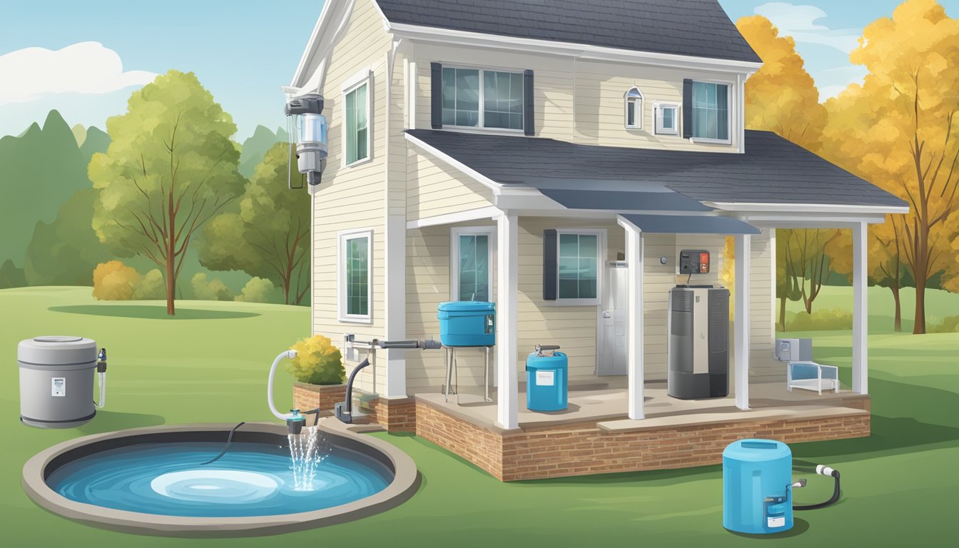 A home with a well and water testing equipment, a radon mitigation system, and warning signs about the health risks of radon in water