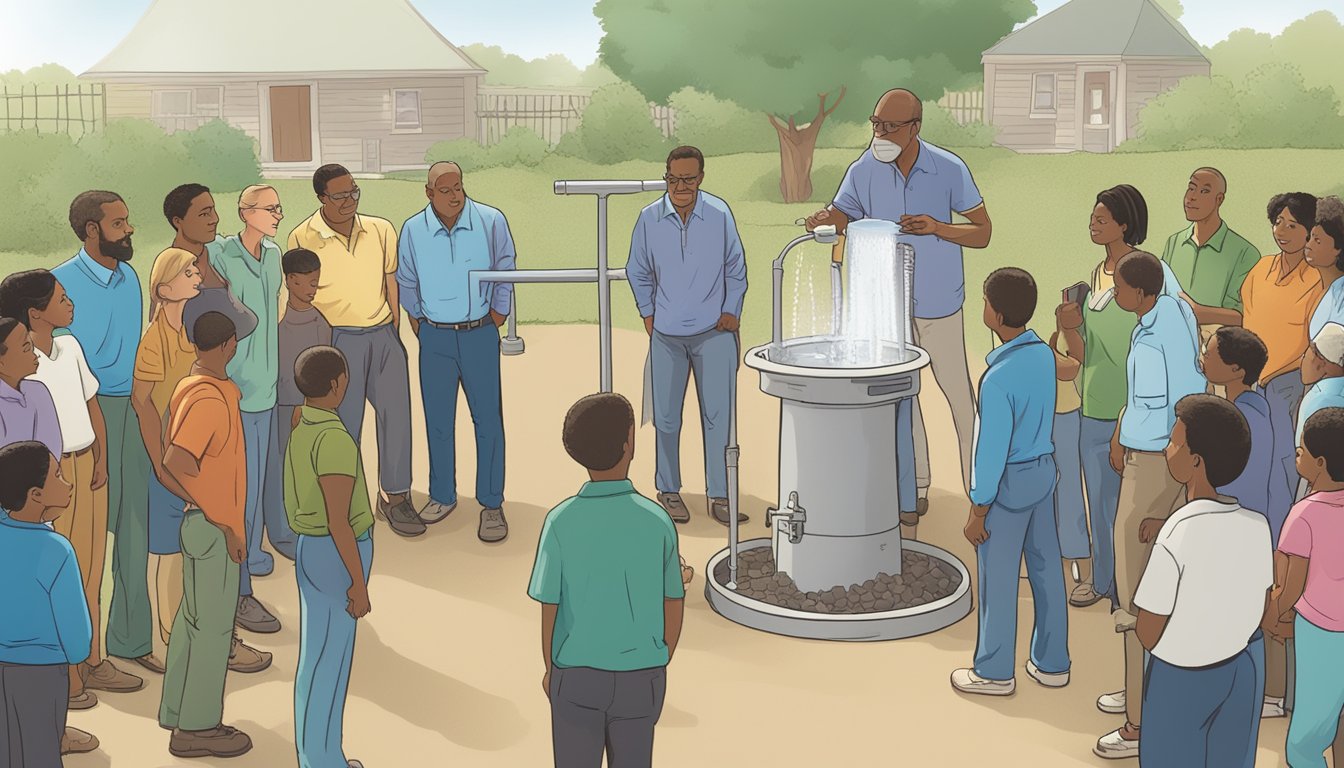 A group of people gather around a water well, listening to a speaker discuss radon risks and remediation strategies. Educational materials are displayed nearby