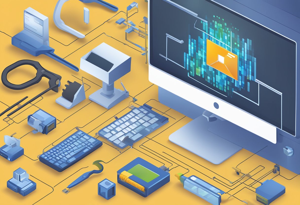 A computer screen displaying an error message with the Outlook logo, a wrench, and a screwdriver, surrounded by a network of interconnected devices