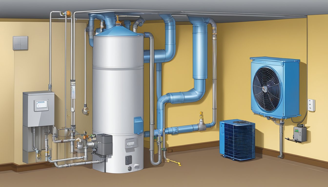 A modern, high-tech radon mitigation system installed in a basement, with pipes and fans efficiently extracting radon gas from the environment