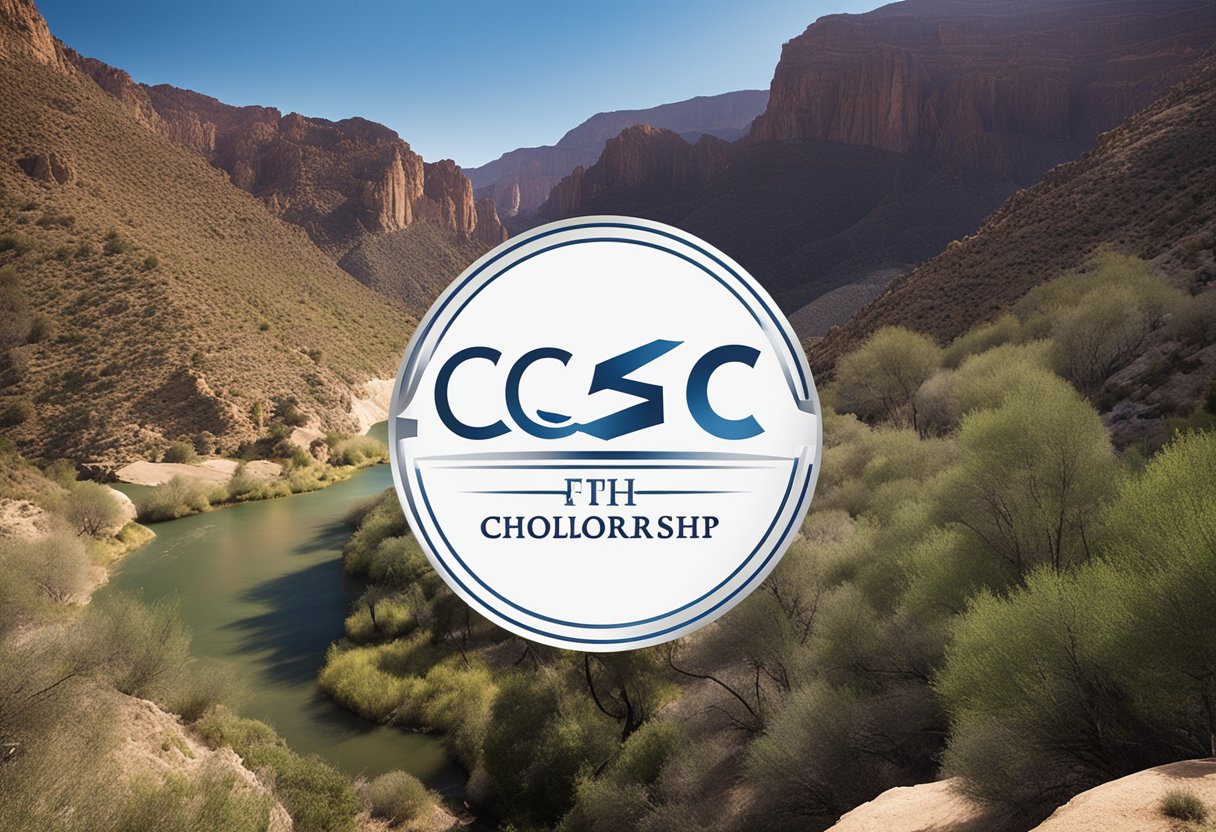 The CCSC scholarship logo is displayed on a banner against a backdrop of a serene canyon landscape with a clear blue sky