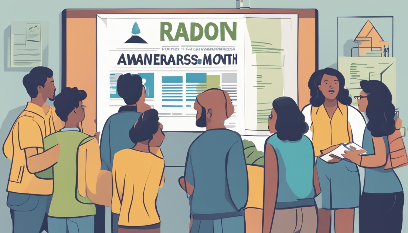 A group of people gather around a large sign that reads "Radon Awareness Month." They are holding informational pamphlets and engaging in conversation about how to spread the word about the dangers of radon