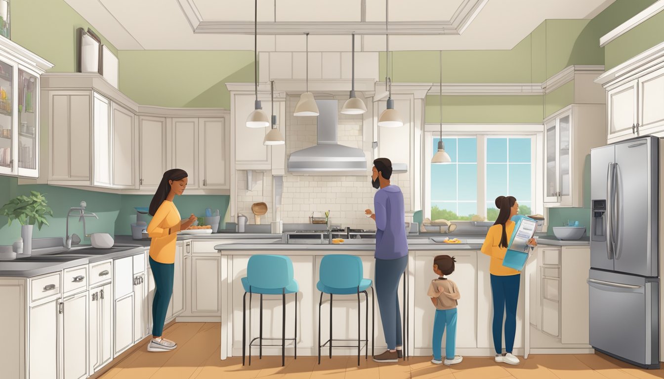 A family home with a radon test kit on the kitchen counter, a person reading information about radon, and a poster promoting Radon Awareness Month on the wall
